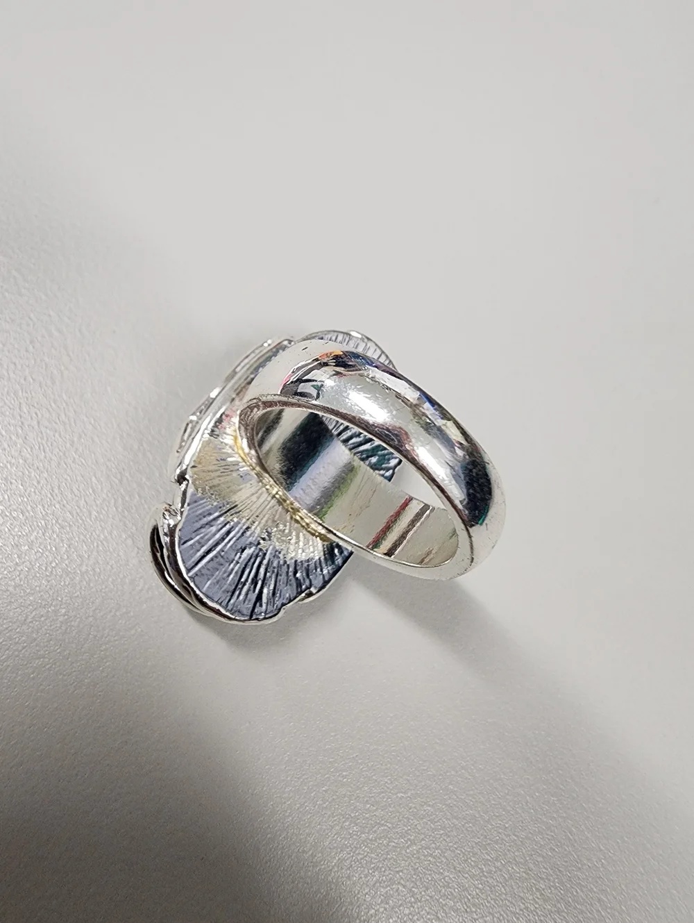 Large Oval Black Acrylic Resin Statement Ring Silver-Tone Wide Metal Band Sz 6.5
